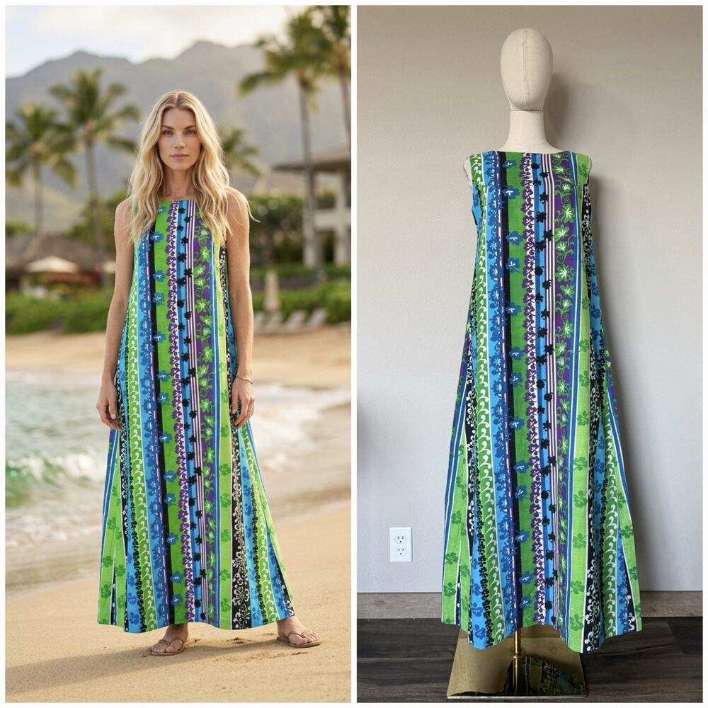 Vtg 70s Karen Ann Sz S Hawaiian Maxi Dress Barkcloth Cotton Vibrant Tropical